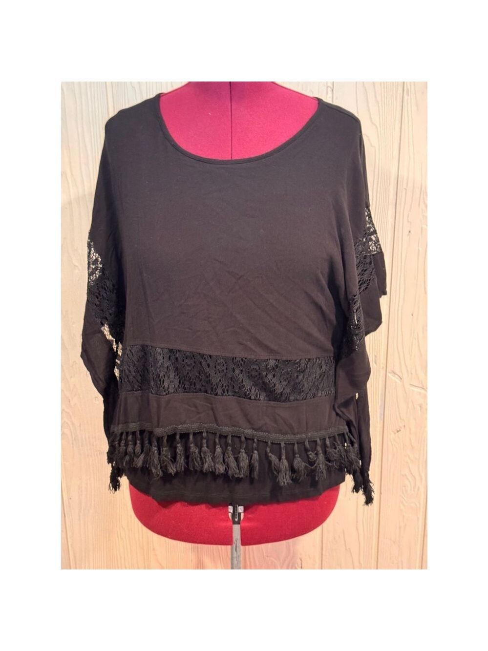 Multiples Black Lace Trim Fringe Blouse Top Size Large
